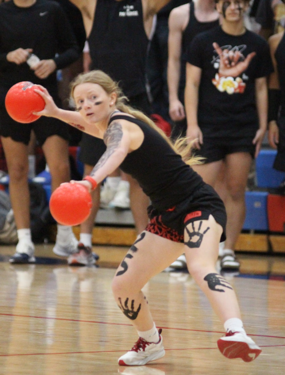 Mel Ostrander (12) locked in on her dodgeball match.